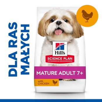 Karma dla psów Hill's Science Plan dla małych ras, z dojrzałym Shih Tzu, oznaczona "Mature Adult 7+" z kurczakiem.