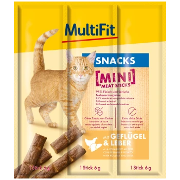 Bild von MultiFit Katzensnacks mit einer orangefarbenen getigerten Katze und Fleischstangen. Der Text hebt 95% Fleisch, keinen Zuckerzusatz und enthält Geflügel und Leber hervor.