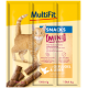 Bild von MultiFit Katzensnacks mit einer orangefarbenen getigerten Katze und Fleischstangen. Der Text hebt 95% Fleisch, keinen Zuckerzusatz und enthält Geflügel und Leber hervor.