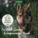 Nahaufnahme eines Hundes, der sich das Maul im Gras leckt, mit dem Text: "Für alle Rassen geeignet" und "Für Adult, Senioren & magensensible Hunde."