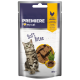 Verpackung von Premiere I Love My Cat Soft Bites Katzenleckerlis mit einer grauen getigerten Katze, mit Text, der Huhn und Katzenkräuter als Zutaten angibt.