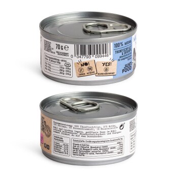 Dosen-Haustierfutter mit Thunfisch und Garnelen, gekennzeichnet mit "100% Natürlich" und "Nur Futter," mit Nährwertangaben und Zutaten aufgelistet.
