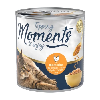 A can of cat food labeled "Moments to enjoy" featuring a cat on the front, with the flavor "Hühnerleber" (chicken liver) highlighted.