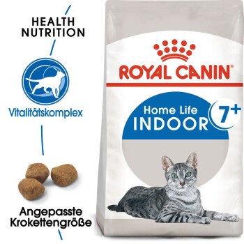 Royal Canin Home Life Indoor Katzenfutter für Katzen 7+, mit einer grauen getigerten Katze, Illustration der Kroketgröße und Gesundheitsnahrungsansprüchen.