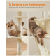 Eine flauschige Katze spielt auf einem beigen mehrstöckigen Kratzbaum mit Text über den Schutz von Sofas vor Katzenkrallen.