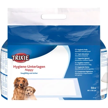 Packung mit Trixie Hygieneunterlagen für Haustiere, beschriftet mit 'Hygiene-Unterlagen Nappy', enthält 50 saugfähige und auslaufsichere Unterlagen, Größe 60 x 60 cm.