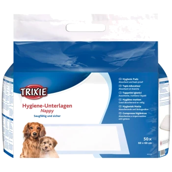Packung mit Trixie Hygieneunterlagen für Haustiere, beschriftet mit 'Hygiene-Unterlagen Nappy', enthält 50 saugfähige und auslaufsichere Unterlagen, Größe 60 x 60 cm.