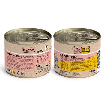 Zwei 200g Dosen Katzenfutter mit beigen und rosa Designs, die "Sooooo Lecker!" und Zutatenangaben auf der Rückseite zeigen.