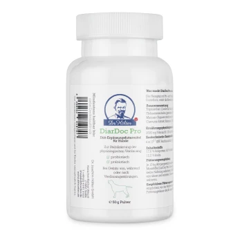 Weiße Flasche mit DiarDoc Pro Nahrungsergänzungsmittel für Hunde, 50g, mit probiotischen Ansprüchen und Anweisungen zur Stabilisierung der Verdauung.