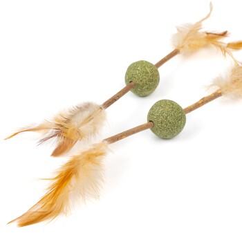 Zwei Katzenspielzeuge mit grünen strukturierten Bällen und weichen Federn, die an Holzstäben befestigt sind, vor einem weißen Hintergrund.
