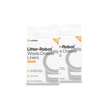 Zwei Packungen Whisker Litter-Robot Abfallbehälterbeutel, 25er-Pack, weiße Verpackung mit Produktname und orangem 25er-Abzeichen.