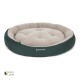 Rundes Haustierbett mit einem plüschigen beigen Zentrum und einem dunkelgrünen äußeren Rand, mit dem Logo "Doctor Bark" und einem "Green Label"-Icon.
