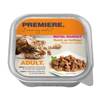 Verpackung für Katzenfutter mit einer getigerten Katze, beschriftet mit 'Premiere. Ich liebe meine Katze,' mit 'Royal Ragout' und 'Reich an Geflügel,' gekennzeichnet für Erwachsene.