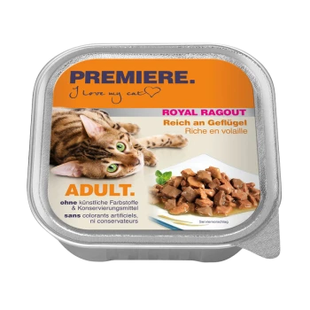 Huisdiervoer verpakking met een tabby kat, gelabeld 'Premiere. Ik hou van mijn kat,' met 'Royal Ragout' en 'Rijk aan gevogelte,' gemarkeerd voor volwassenen.