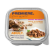 Verpackung für Katzenfutter mit einer getigerten Katze, beschriftet mit 'Premiere. Ich liebe meine Katze,' mit 'Royal Ragout' und 'Reich an Geflügel,' gekennzeichnet für Erwachsene.