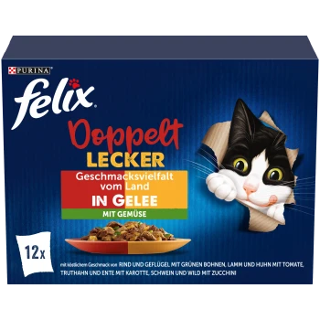 Felix Doppelt Lecker kattenvoer verpakking met een zwart-witte kat, 12 porties, vlees- en groentesmaken in gelei.