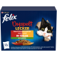 Felix Doppelt Lecker Katzenfutterpackung mit einer schwarz-weißen Katze, 12 Portionen, Fleisch- und Gemüsesorten in Gelee.