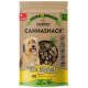 Un paquet de nourriture pour chien avec un chien heureux, étiqueté 'CANNASNACK' avec 60 % de poulet, sans céréales, et de l'huile de chanvre, marqué comme super-aliment naturel.