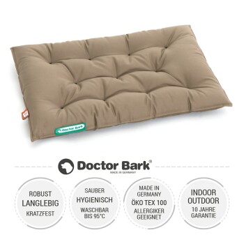 Braunes Haustierbett mit gepolstertem Design, mit einem Etikett, das "Doctor Bark" liest.