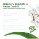 Türkisfarbener Hintergrund mit Text über natürliche Inhaltsstoffe: "Beruhigende Aloe Vera", "Frischer Kokosduft" und Icons von Aloe und Kokosnuss.