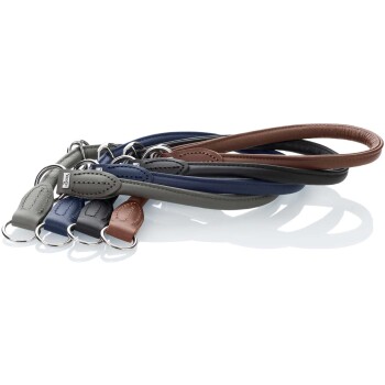 Eine Sammlung von fünf stilvollen Hundeleinen in verschiedenen Farben: braun, marineblau, grau und zwei Blautönen, mit Metallclips.