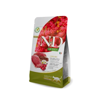 N&D Quinoa Nourriture pour Chats Adultes, formule Urinaire, avec du canard, du quinoa, des canneberges et de la camomille, sur un fond rouge vif.