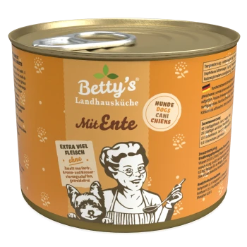 Dosen-Hundefutter, beschriftet mit "Betty's Landhausküche Mit Ente", mit einer Illustration eines Kochs und eines Hundes, mit einem Zuglaschen-Deckel.