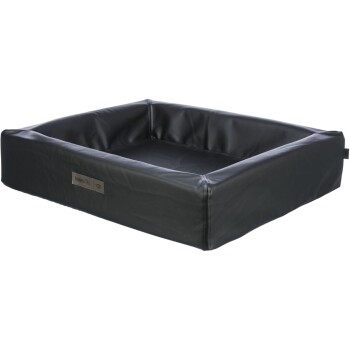 Schwarzes rechteckiges Haustierbett mit erhöhten Rändern und einer glatten Oberfläche, mit einem kleinen Etikett, das "home/VITAL" liest.