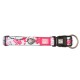 Blaues und pinkes florales Hundehalsband mit schwarzer Schnalle, Metallring und "Max & Molly Urban Pets" Logoanhängern.