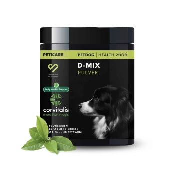 Schwarzer Behälter mit "Diät-Mix Pulver" für Hunde, mit einem Profilbild eines Hundes, mit Text, der "Belly Health Booster" und "corvitalis" hervorhebt.