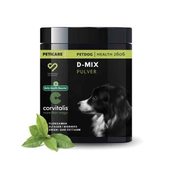 Schwarzer Behälter mit "Diät-Mix Pulver" für Hunde, mit einem Profilbild eines Hundes, mit Text, der "Belly Health Booster" und "corvitalis" hervorhebt.