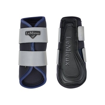 LeMieux Pferdebeinschützer in Marineblau und Grau, mit verstellbaren Riemen und einer schützenden Außenschale, aus zwei Blickwinkeln präsentiert.