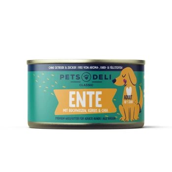Dose Hundefutter beschriftet "PETS Deli Classic Ente" mit Ente, mit Zutaten wie Buchweizen, Kürbis und Chia. Geeignet für erwachsene Hunde.