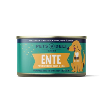 Dose Hundefutter beschriftet "PETS Deli Classic Ente" mit Ente, mit Zutaten wie Buchweizen, Kürbis und Chia. Geeignet für erwachsene Hunde.
