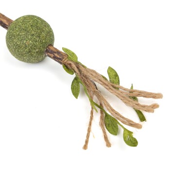 Grünes Ballspielzeug, das an einem Holzstab mit Jutegarn und Kunstblättern befestigt ist, entworfen für Haustiere.