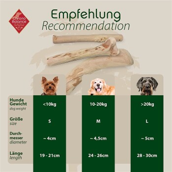 Bild, das ein Empfehlungsschema für Hundekauspielzeuge mit drei Größenkategorien (S, M, L) basierend auf dem Gewicht des Hundes zeigt, mit drei Hunderassen.