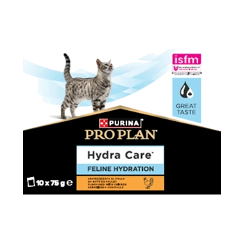 Chat tigré gris debout à côté de l'emballage de nourriture pour chat Purina Pro Plan Hydra Care Feline Hydration avec logos isfm et Great Taste.