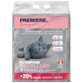 Excellent Babypuder Klumpstreu 12kg + 2,4kg gratis Ein 14,4 kg Sack Klumpstreu mit einer grauen Katze, beschriftet mit "PREMIERE. I love my cat," mit Babypuderduft und "+20% GRATIS."