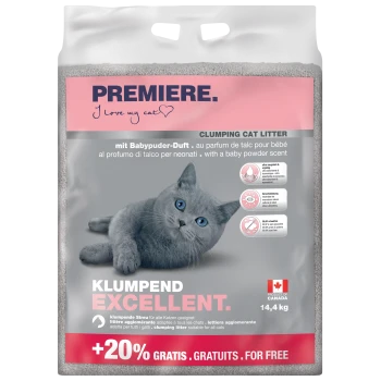 A 14.4 kg bag of clumping cat litter with a gray cat, labeled "PREMIERE. I love my cat," featuring a baby powder scent and "+20% GRATIS."