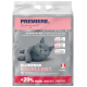 A 14.4 kg bag of clumping cat litter with a gray cat, labeled "PREMIERE. I love my cat," featuring a baby powder scent and "+20% GRATIS."
