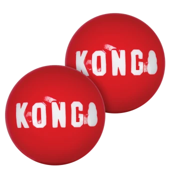 Two shiny red KONG dog balls with white KONG logo