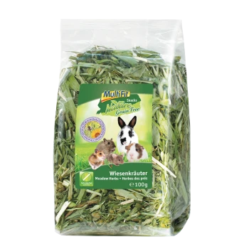Clear bag of MultiFit Nature Grain Free meadow herbs (Wiesenkräuter) 100g, label shows rabbit and small rodents