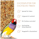Vogelfuttersaatmischung mit zwei bunten Finken und deutschem Text, der Qualität, Vielfalt, Züchterzusammenarbeit und Herkunft aus Deutschland hervorhebt.