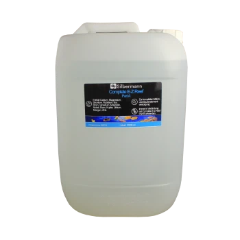 Behälter von Silbermann Complete E-Z Reef Teil A, 10.000 ml, mit einem schwarzen Etikett, das Zutaten wie Calcium, Magnesium und Spurenelemente auflistet.
