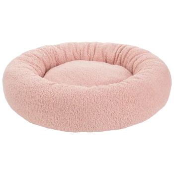 Rundes rosa Plüsch-Haustierbett mit erhöhten Rändern, weich und gemütlich für kleine Hunde oder Katzen.