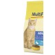 Cat food bag labeled "MultiFit Adult" with tuna, featuring a yellow background, a bowl of kibble, and nutritional benefits icons.