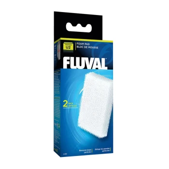 Foam Filter Insert U2 Fluval foam pad packaging, featuring a white foam pad illustration, with text stating "Removes large particles" and "2 pack."