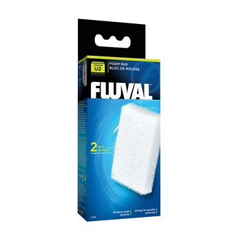Fluval foam pad packaging, featuring a white foam pad illustration, with text stating "Removes large particles" and "2 pack."