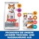 Hill's Science Plan für sterilisierten Katzen: Lachs Trockenfutterbeutel, Hühner Nassfutterdose und bunte Protein-Icons. Text: "Probieren Sie unser schmackhaftes Futter."