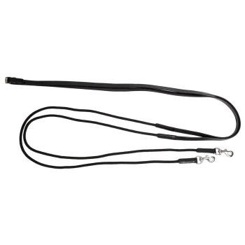 Schwarze doppelte Hundeleine mit zwei Clips, entworfen für das gleichzeitige Gassigehen mit zwei Hunden.